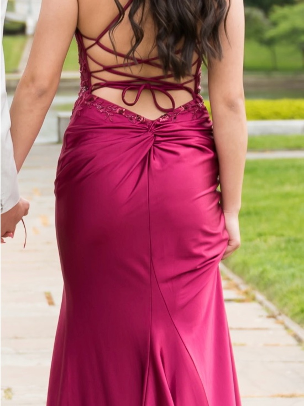 Faviana Backless Satin Lace-Up Dress in Magenta